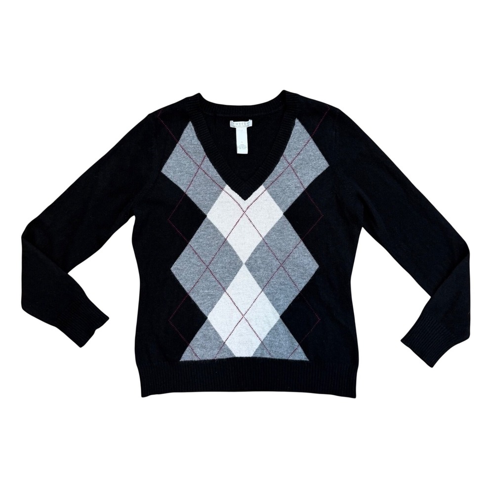 100% Cashmere Argyle V-Neck Sweater Black Grey White Vintage L preppy academia